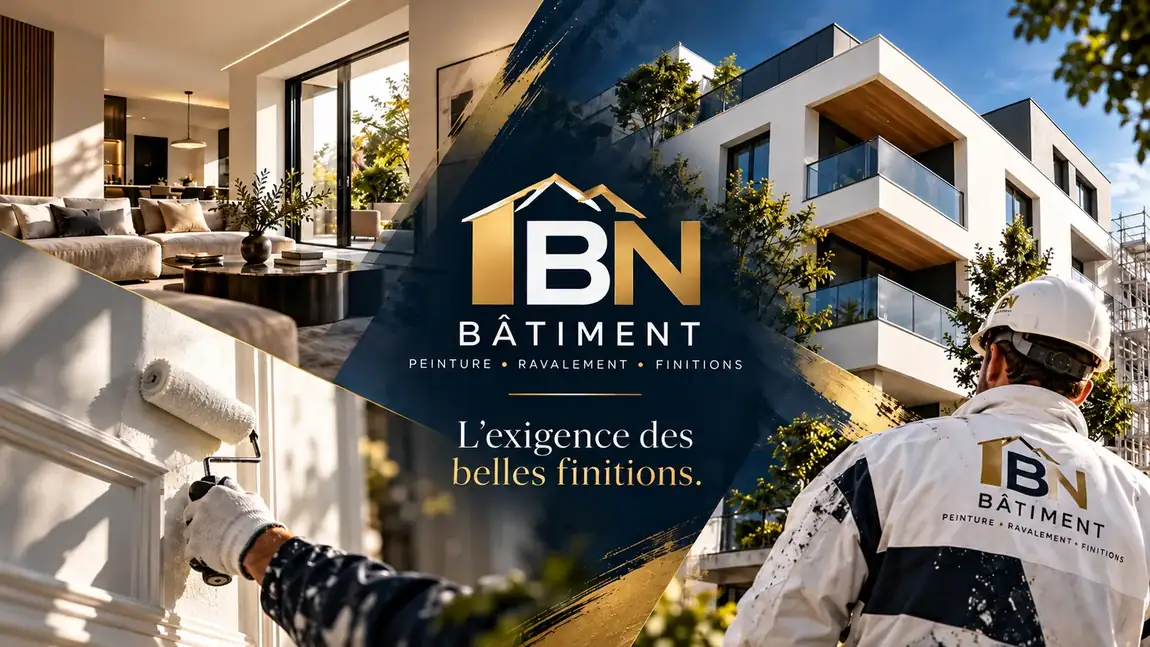 Affiche publicitaire artistique pour BN BÂTIMENT, illustration numérique de peinture intérieure et façade