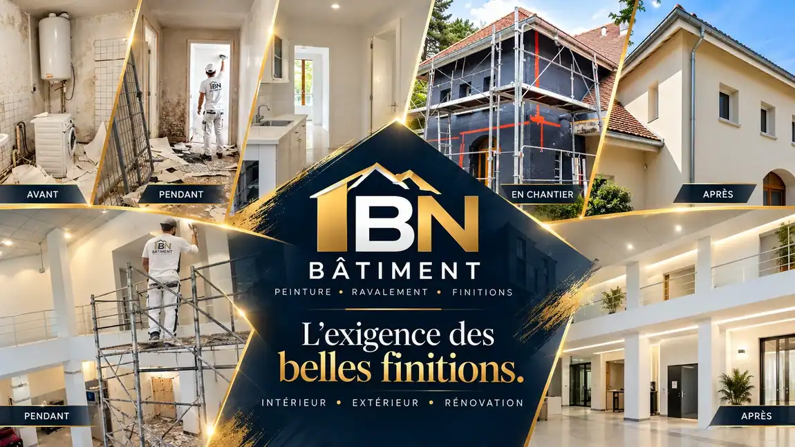 Composition artistique numérique BN BÂTIMENT, scènes illustrées de rénovation intérieure et de façade